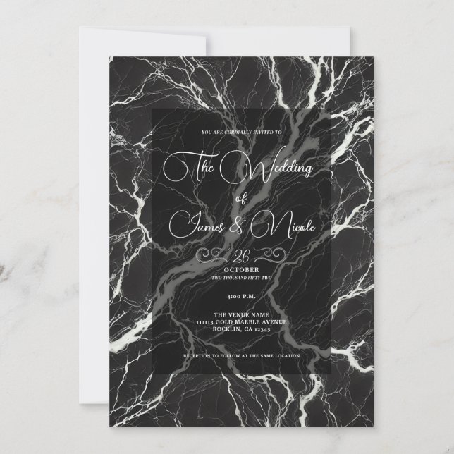 Chic Black & White Trendig Marble Glam Bröllop Inbjudningar (Framsida)
