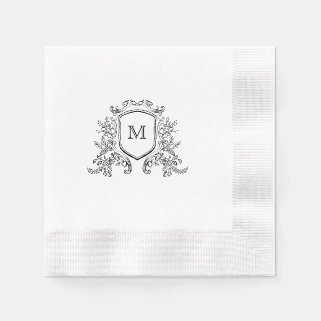 Chic Black & White Vapensköld Monogram Bröllop Nap Pappersservett (Framsidan)