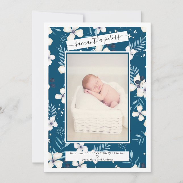 Chic Bläddra blå vattenfärgsfoto baby födelse Meddelande (Framsida)