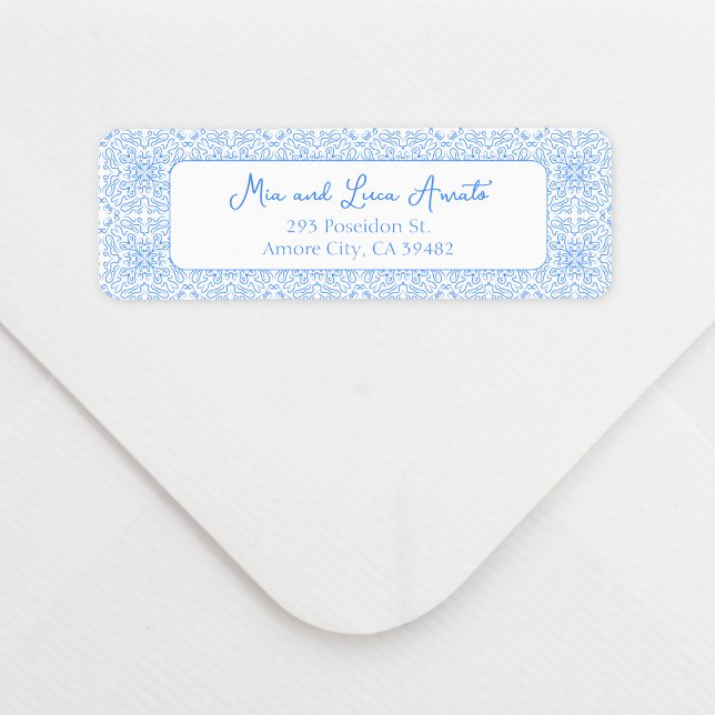 Chic Blåplattan Mönster Medelhavet Returadress Etikett (Bring a chic Mediterranean vibe to your invites with this blue tile pattern address label.)