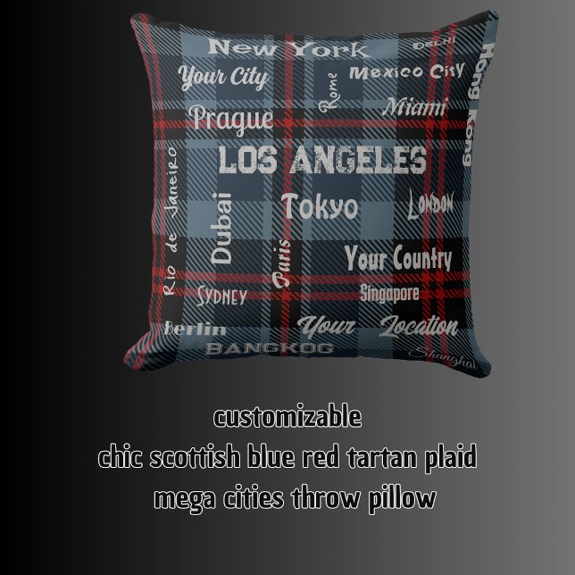 chic: Blåröd tjärtand plaid & mega city Kudde (chic scottish blue red tartan plaid & mega cities throw pillow)