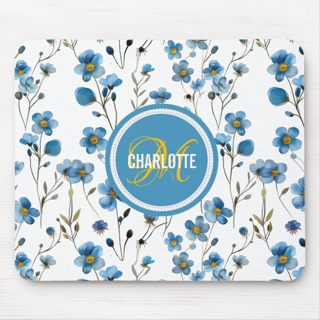 Chic blått blommönster monogrammat namn musmatta (Framsidan)