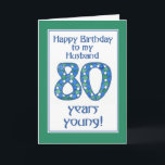 Chic blått, grönt, 80th födelsedag för vit för kort<br><div class="desc">Ett stilfullt 80th födelsedagkort för en make,  med numrera 80 gjorde från en handpainted papper collage,  i blått,  grönt och vit och att koordinera med bokstäver och kortets gräns. Glöm inte att du kan lätt skräddarsy insidan av detta 80th födelsedagkort.</div>