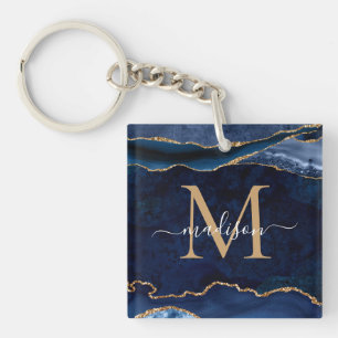 Chic Blått Guld-agate Geode Glitter Monogram