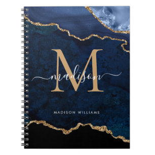 Chic Blått Guld-Glitter-agate Geode Monogram Anteckningsbok
