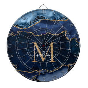 Chic Blått Guld-Glitter-agate Geode Monogram Darttavla