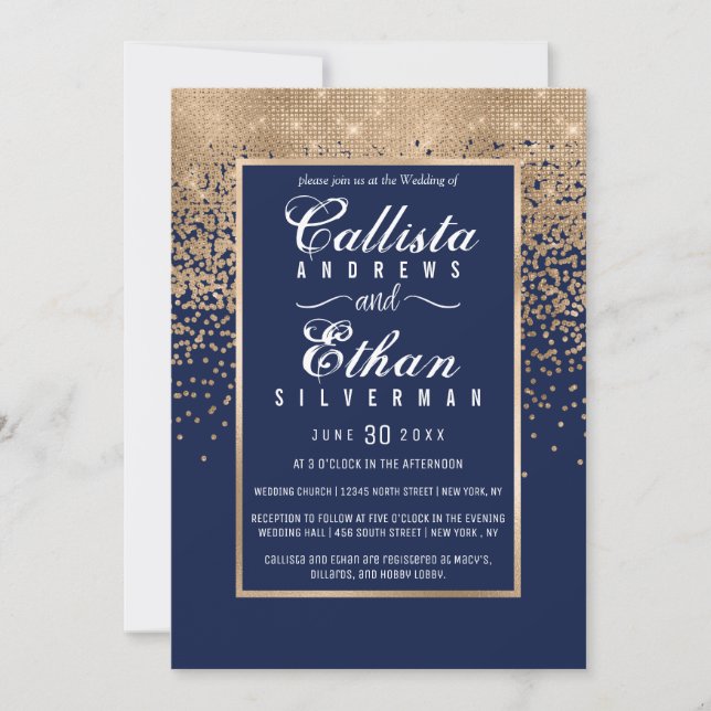 Chic Blått Guld Glitter-konfetti Bröllop Inbjudningar (Framsida)
