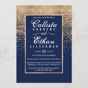 Chic Blått Guld Glitter-konfetti Bröllop Inbjudningar