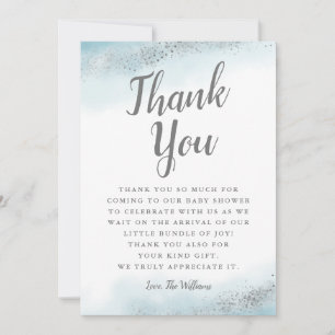 Chic blått- och silverglitterbaby shower tack kort