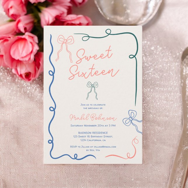 Chic blått rosa bows rosett band illustrationer Sö Inbjudningar (Chic blue pink bows ribbons illustrations Sweet 16 Invitation)