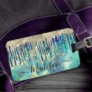 Chic blåturkos guld glitter droppar monogram bagagebricka