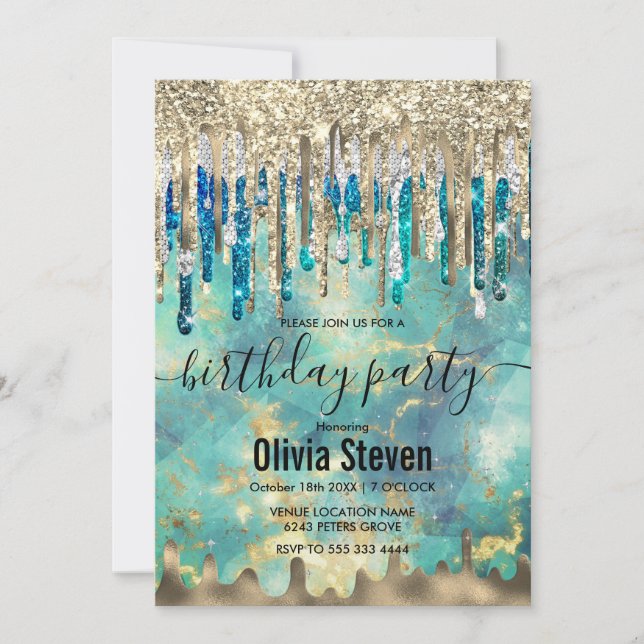 Chic blåturkos guld glitter droppar monogram inbjudningar (Framsida)