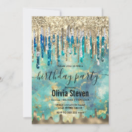 Chic blåturkos guld glitter droppar monogram inbjudningar