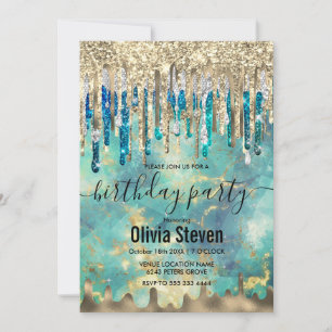 Chic blåturkos guld glitter droppar monogram inbjudningar