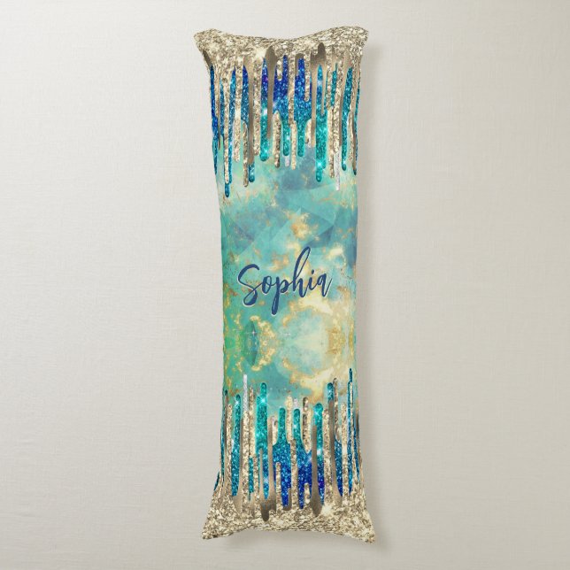 Chic blåturkos guld glitter droppar monogram kroppskudde (Framsidan Vertikal)