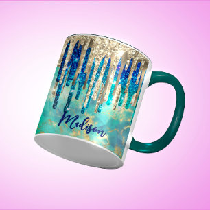 Chic blåturkos guld glitter droppar monogram mugg