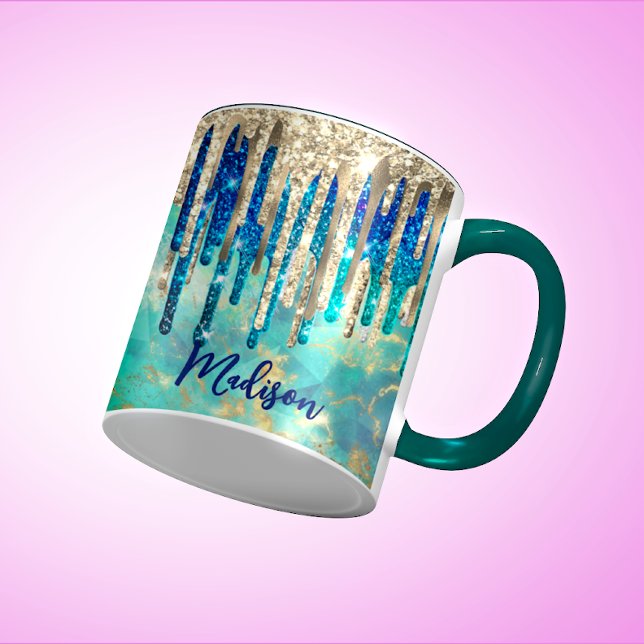 Chic blåturkos guld glitter droppar monogram mugg (Skapare uppladdad)