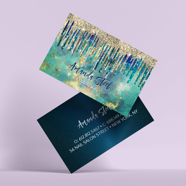 Chic blåturkos guld glitter droppar monogram visitkort (Skapare uppladdad)