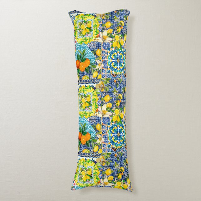 Chic blåturkos sicilianska blommigtar av citrusfru kroppskudde (Framsidan Vertikal)