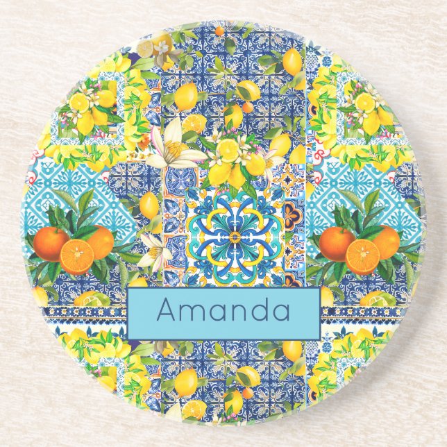 Chic blåturkos sicilianska blommigtar av citrusfru underlägg (Framsidan)