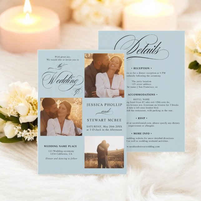 Chic blåvit allt i ett skript, foton bröllop inbjudningar (Chic blue white all in one script photos wedding invitation)