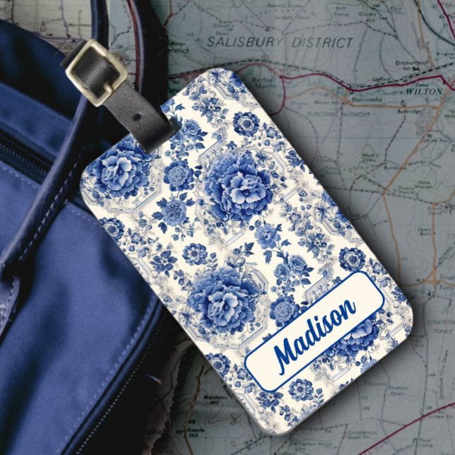 Chic Blåvit blommigt chinoiserie toile monogram Bagagebricka (Skapare uppladdad)