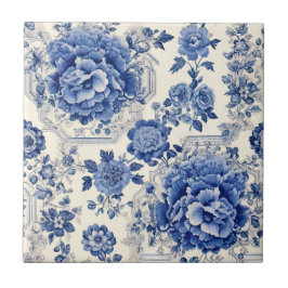 Chic Blåvit blommigt chinoiserie toile monogram Kakelplatta