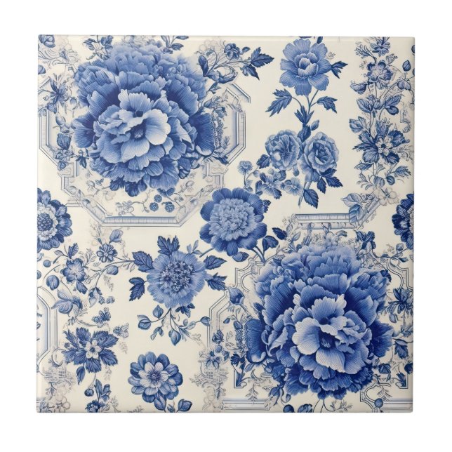Chic Blåvit blommigt chinoiserie toile monogram Kakelplatta (Framsidan)