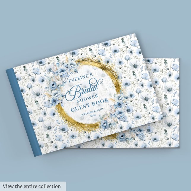 Chic Blek Blue Guld Vild Flowers Möhippa Gästböcker (Chic Pale Blue Gold Wild Flowers Bridal Shower Guest Book)