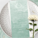 Chic Blek Grönt Vattenfärg, Monogram Bröllop-meny Meny<br><div class="desc">Önska gästerna med den här vackra vattenfärgen bröllop i grönten blek, som har elegant hand plockade botaniskt monogram med par initialer över exquisite water color tvättar bakgrunden i en vacker blandning av blek grönt, mint grönt och sage hues. Det är enkelt att fylla i mallen med information och meny och...</div>