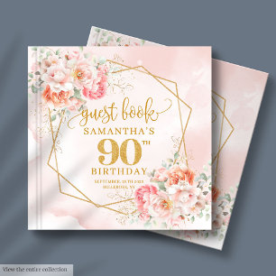 Chic Blek Rosa Guld Blommigt 90 Birthday Guest Bok