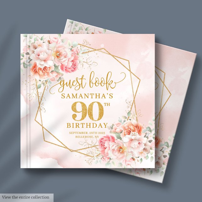 Chic Blek Rosa Guld Blommigt 90 Birthday Guest Bok (Chic Pale Pink Gold Floral 90 Birthday Guest Book)