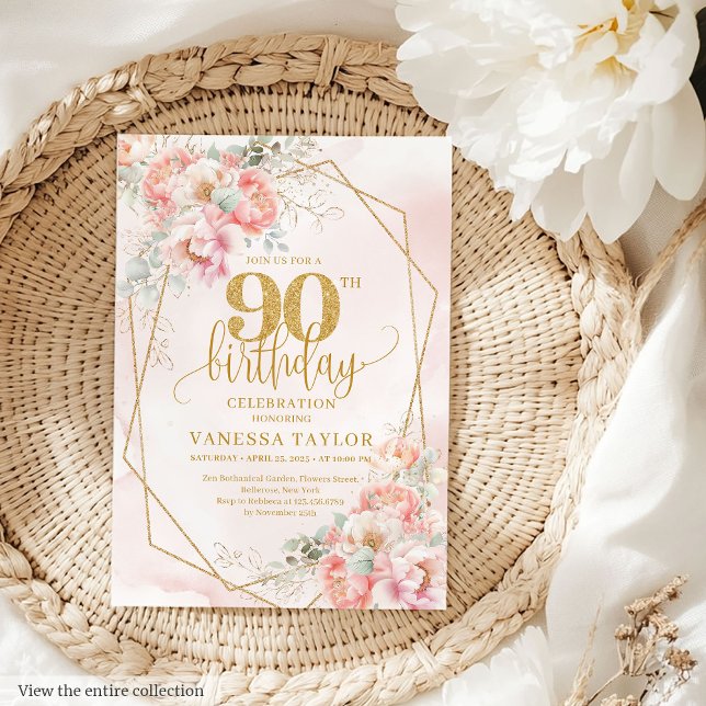 Chic Blek Rosa Guld Glitter Blommor 90:e Inbjudan (Chic Pale Pink Gold Glitter Flowers 90th Invitation)