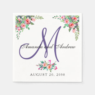 Chic blom- ultraviolett Monogrambröllop Pappersservett