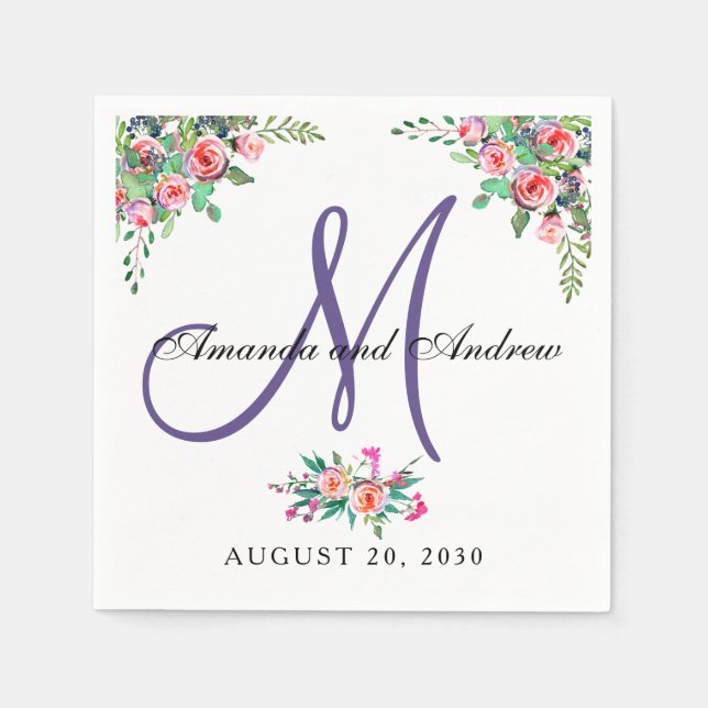 Chic blom- ultraviolett Monogrambröllop Pappersservett (Framsidan)