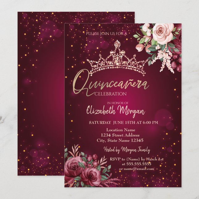 Chic blommig krona röd Quinceañera   Inbjudningar (Fram/baksida)