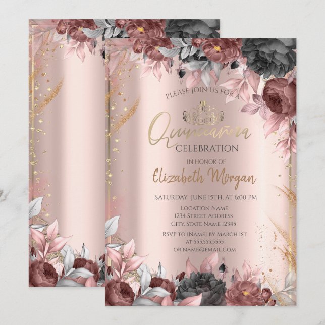 Chic blommig tiara, diamanter Rosa guld Quinceañer Inbjudningar (Fram/baksida)