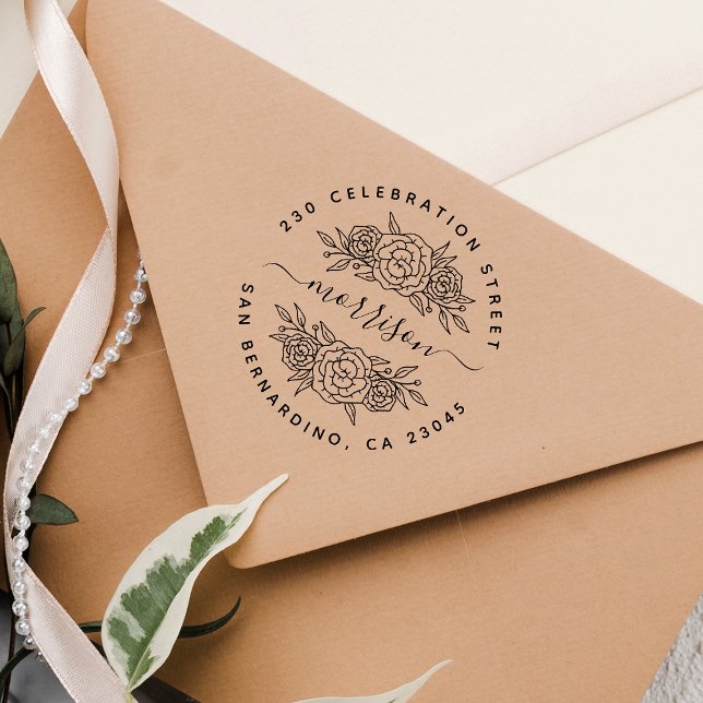 CHIC BLOMMIGT ANPASSNINGSBAR NAMN & RETURADRESS STÄMPEL (Stamp Mock-up)