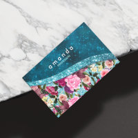 Chic blommigt aqua blue burgundy glitter monogram