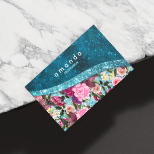 Chic blommigt aqua blue burgundy glitter monogram magnetiska visitkort