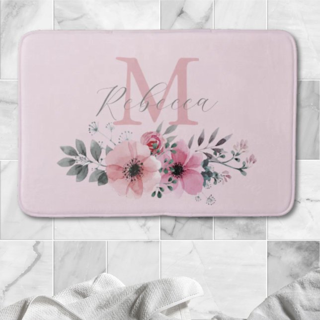 chic: blommigt av  rosor i vattenfärgen monogram badrumsmatta (chic blush pink watercolor floral monogram bath mat)