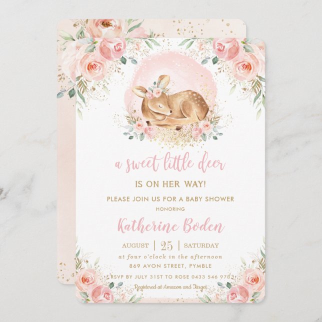 Chic  Blommigt Baby Hjort Baby Shower för barn Inbjudningar (Fram/baksida)