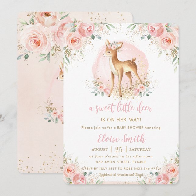 Chic  Blommigt Baby Hjort Fawn Girl Baby Shower Inbjudningar (Fram/baksida)