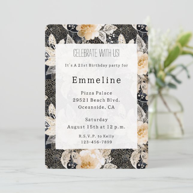 Chic Blommigt Black Cream Leopard Animal Birday Inbjudningar (Stående Fram)