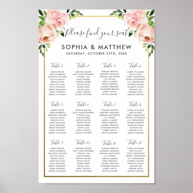Chic  Blommigt Blommor för sätesdiagram Bröllop Poster (Framsidan)