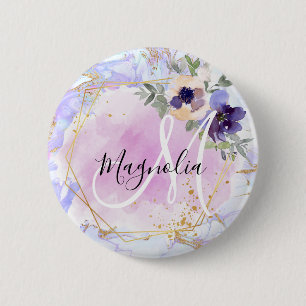 Chic Blommigt Blue Rosa Guld Rainbow Marble Monogr Knapp