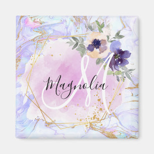 Chic Blommigt Blue Rosa Guld Rainbow Marble Monogr Magnet