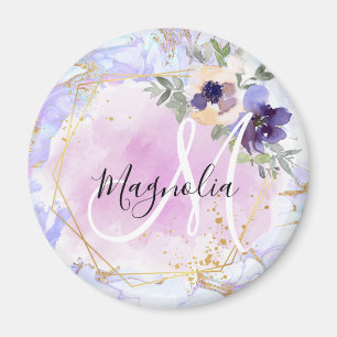 Chic Blommigt Blue Rosa Guld Rainbow Marble Monogr Magnet