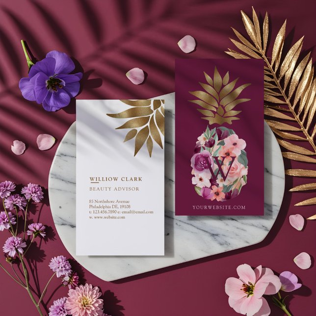Chic Blommigt Botaniskt vattenfärg Golden Pineappl Visitkort (Chic Floral Botanical Watercolor Golden Pineapple Business Card)