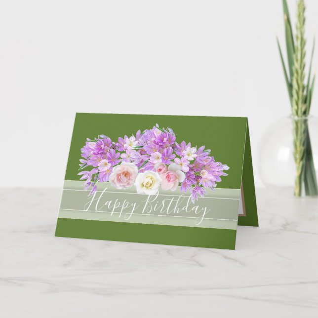 Chic Blommigt Bouquet Ro & Crocus Flowers Birthday Kort (Framsida)
